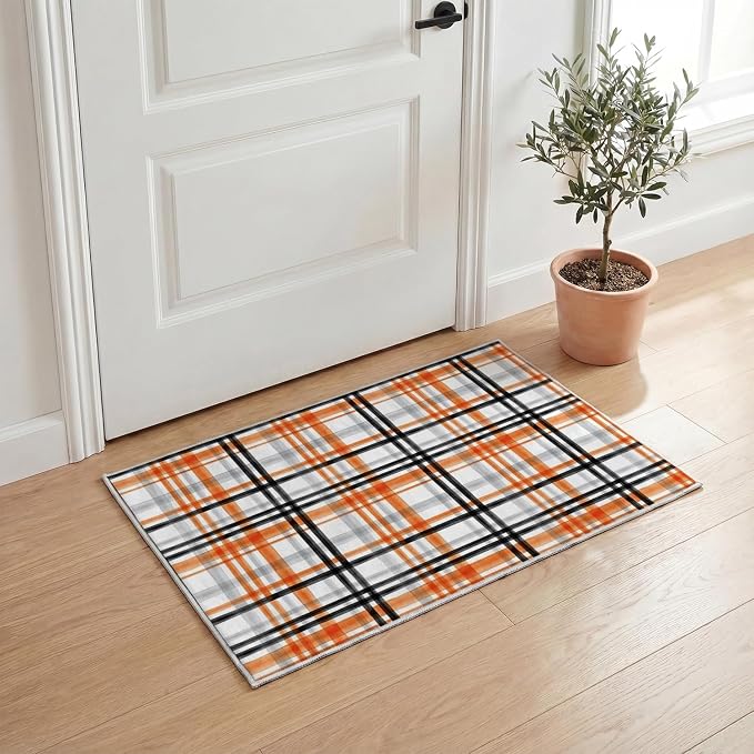 Artoid Mode Orange Black Vintage Check Stripes Fall Door Mat 2×3 Feet