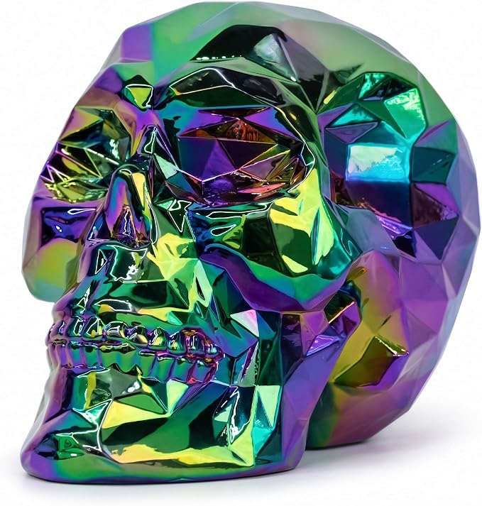 Skull Decor Statue, Human Head Model for Home Decoration, Halloween Statue, Gothic Resin Figurine Skull Model for Bookshelf Desktop Home Decor (Iridescent Black) - skull figurine