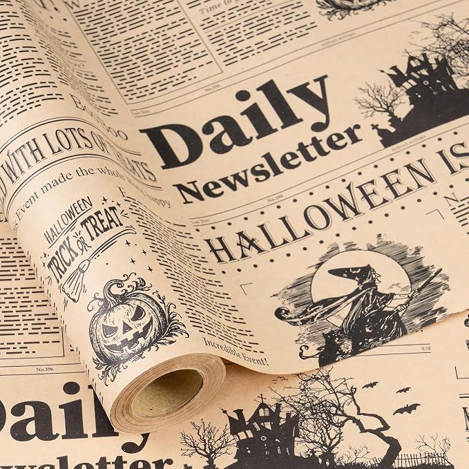 RUSPEPA Vintage Newspaper Halloween Wrapping Paper Roll, Mini Roll, Newspaper Style Witch Pumpkin Haunted House Design Rustic Kraft Gift Wrap for Halloween Party, Birthday, 17 Inches x 16.4 Feet - skull toilet paper
