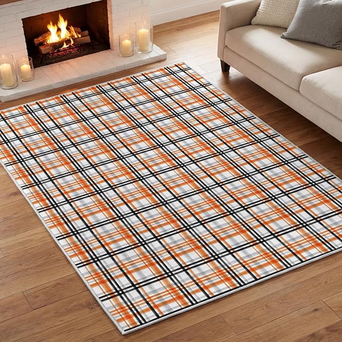 Artoid Mode Orange Black Vintage Check Stripes Fall Area Rug 5×7 Feet