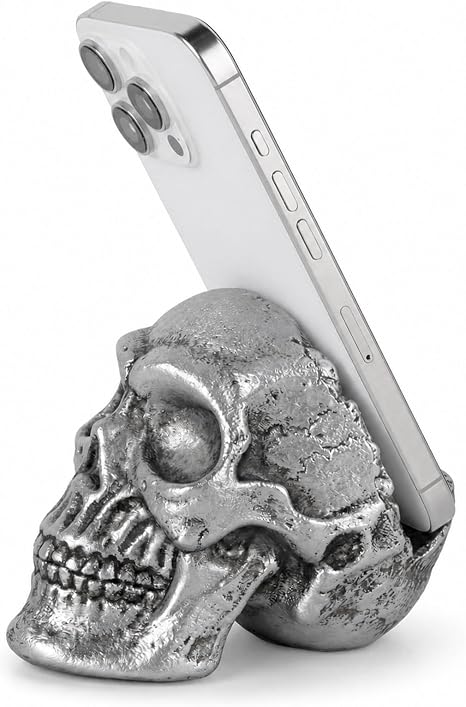 Gothic Skull Phone Holder Stand, Resin Skeleton Head Cell Phone Stand, Halloween Gothic Desk Decor Mobile Holder for Smart Phones, Unique Gothic Sculpture Phone Dock (Silver) - skull watch