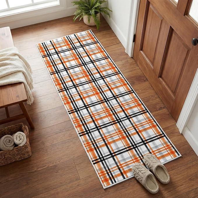 Artoid Mode Orange Black Vintage Check Stripes Fall Runner Rug 2x6 Feet - skull carpet