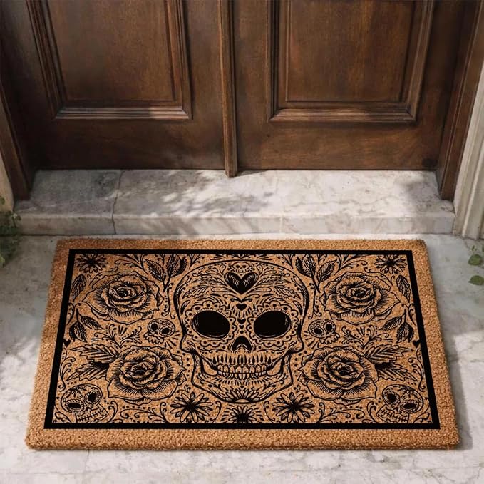 Funny Entryway Outdoor with Heavy Duty Front Porch Patio Welcome Natural Coir Door Mat Novelty House Warming Gift Mat 23.7 x 15.7 inch (Gothic Floral Skull) - skull floor mat