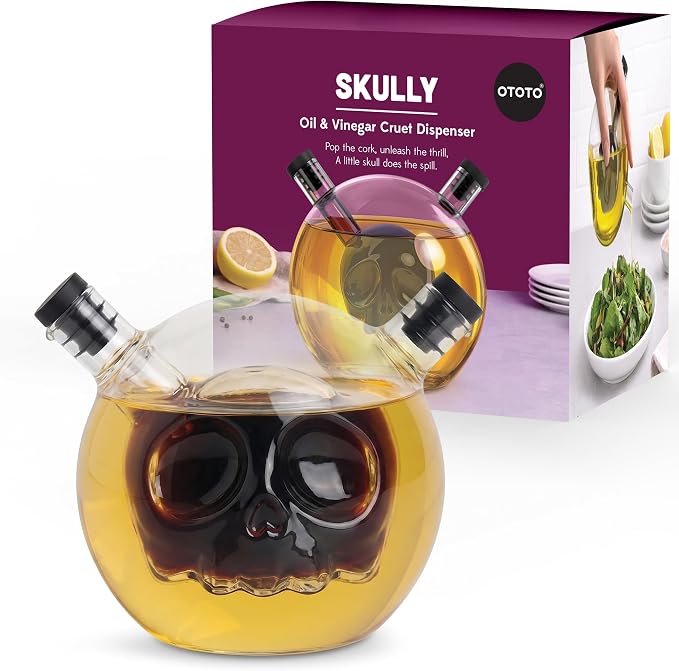 OTOTO 2-in-1 Glass Oil and Vinegar Cruet – Skull Oil Dispenser and Vinegar Bottle, Salad Dressing Dispenser, Bread Dipping, Spooky Kitchen Gifts, Unique Kitchen Gadgets (Skully-Olio)