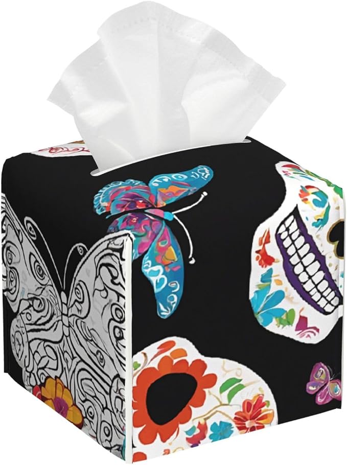 Sugar Skulls Print Leather Tissue Box Cover, Pu Waterproof Square Holder for Kitchen Bathroom Office Bedroom - skull toilet paper