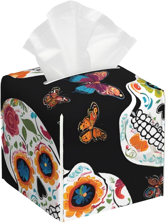Sugar Skulls Print Leather Tissue Box Cover, Pu Waterproof Square Holder for Kitchen Bathroom Office Bedroom - skull toilet paper