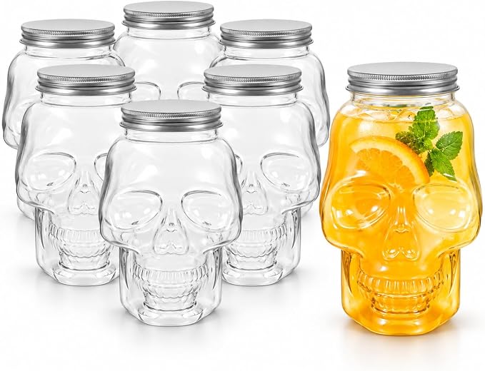 6pcs Skull Shaped Beverage Bottles 800ml: Refillable Halloween Drink Jug - skull bottle