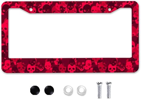 Red Skull Pattern Aluminum License Plate Frame (6x12 Inch US Standard) - Rust-Proof, Edgy Design, Screws Included - Perfect for Gothic & Alternative Style Enthusiasts - skull plate