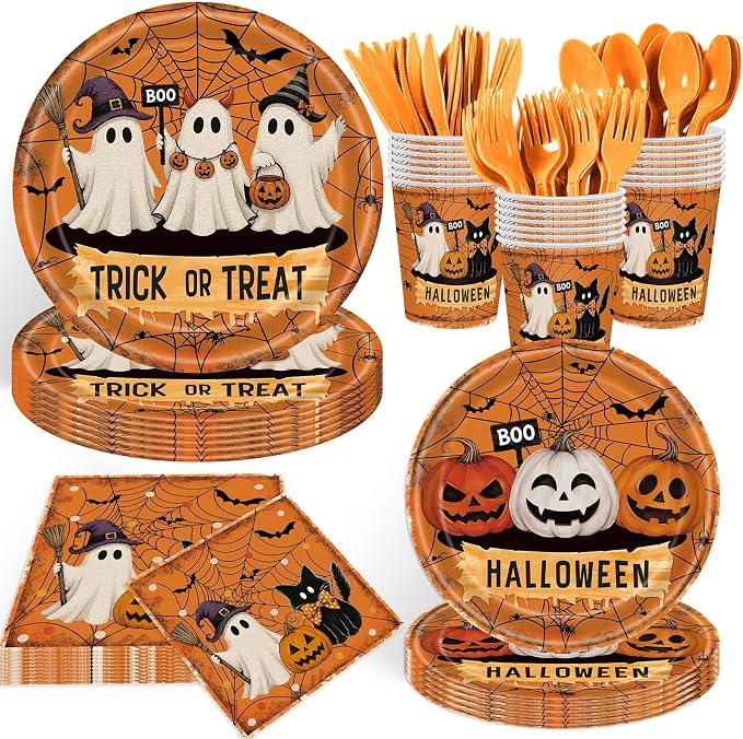168 Pcs Halloween Paper Plates and Napkins, Pumpkin Ghost Disposable Tableware Set, Trick or Treat Plates Napkins Cups Forks Knives Spoons for Halloween Party Supplies, Serve 24 - skull plate