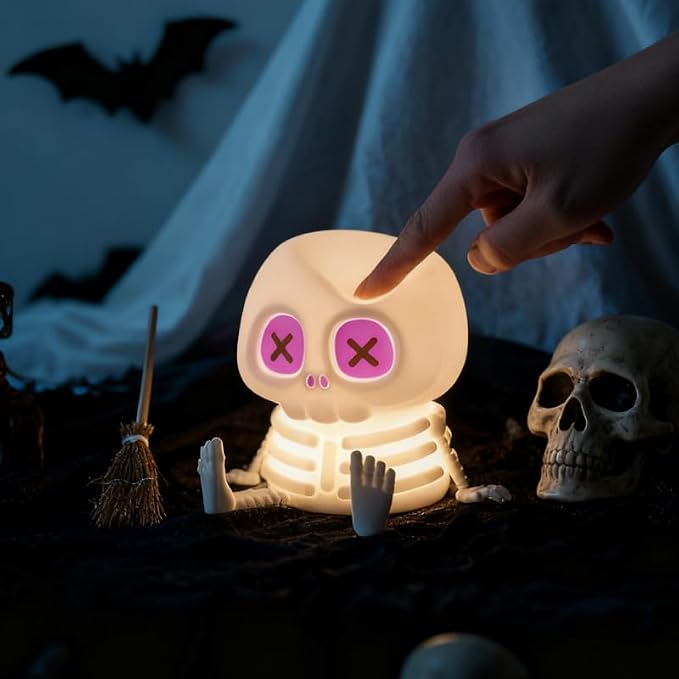 QANYI Small Skeleton Light, Halloween Decoration Silicone Skull Lamp with 7 Color, Rechargeable Mini Skeleton Nightlight for Home Bedroom Decor, Light Up Spooky Gifts for Girls Adults Women - skull lamp