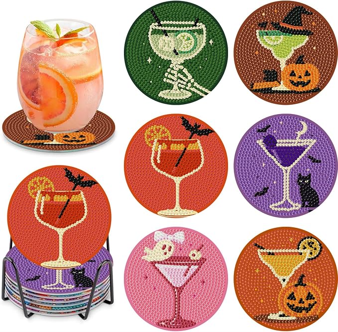 Ekuxom 6 Pcs Halloween Cocktail Diamond Art Coasters Kits with Holder - skull coaster