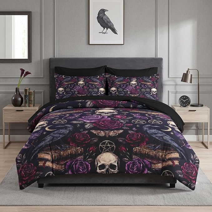 WeCozy King Comforter Set with Sheets, 7 Pieces Goth Witchy Bedding - skull bedding