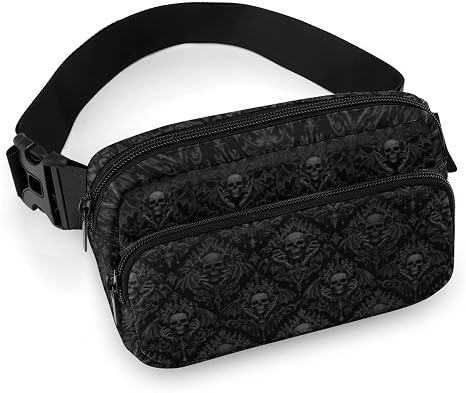 Black Skull Cross Body Fanny Pack for Women, Fashion Waist Packs, Crossbody Bags, Belt Bag with Adjustable Strap and 2 Zipper Pockets for Workout Travelling Running - skull wallet