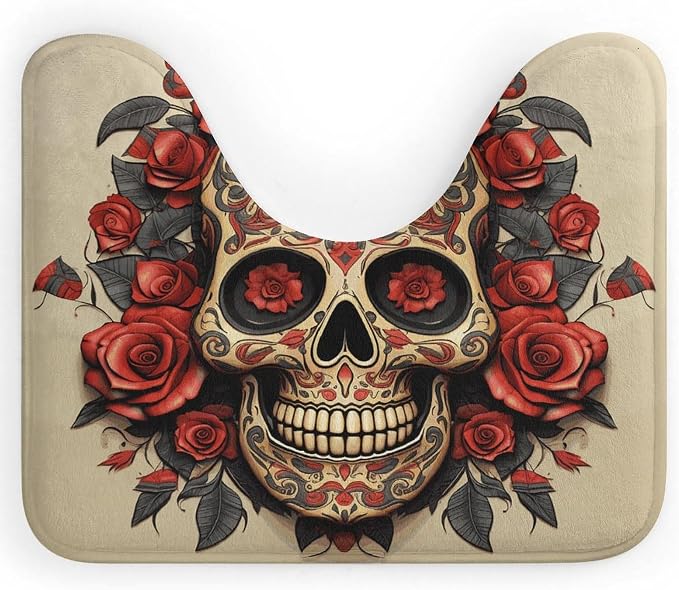 Red Rose Sugar Skull Toilet Mats for U-Shaped Floor Mat. Dirt Resist Welcome Door Mats Coral Fleece Non Slip.Dirt Trapper Waterproof Super Absorbent Door Mat Easy Clean. - skull toilet mat