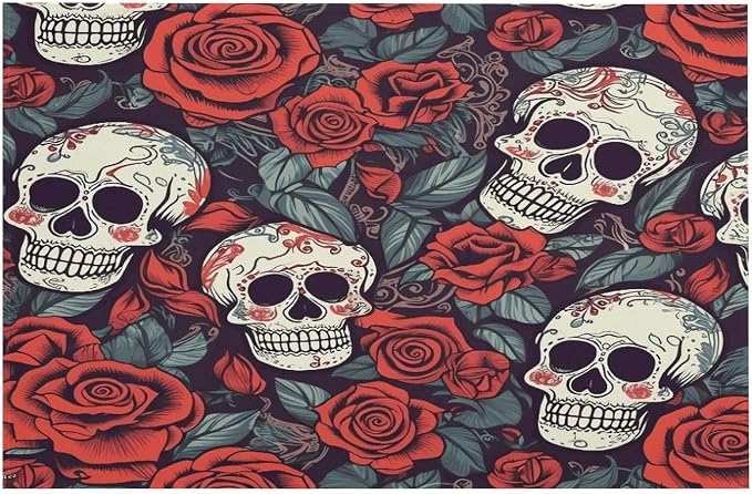 Sugar Skulls and Red Roses Rug Washable Non-Slip，Carpet Indoor Floor Home Decor Accessories 23.6x15.7Inch，Room Carpet ，for Bedroom Dining Farmhouse Home Office. - skull carpet