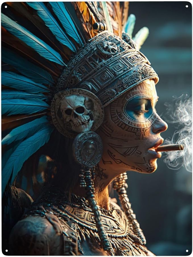 Vibrant And Unique Metal Tin Sign, Aztec Skull Chief Smoking 12x16 Inch Decor, Man Cave Garage Den Decor, Chic Artistic Tinplate Poster Plaque,Gifts For Friends And Family - skull sticker