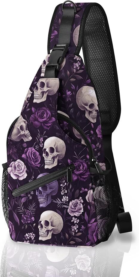Skull Small Sling Bag for Women Travel Crossbody Bags Lightweight Chest Bag Causal Sling Backpack - skull backpack