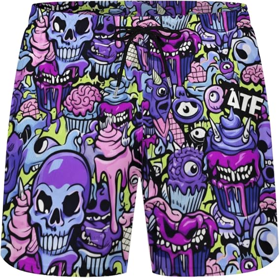 KSLIDS Mens Swim Trunks with Compression Liner 2-in-1 Swimming Shorts 5 inch Inseam Quick Dry Beach Board Shorts - skull swimsuit