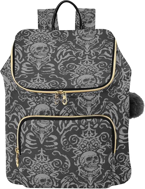 Skull Print Women's 15L Lightweight Backpack, Quilted Daypack - skull backpack