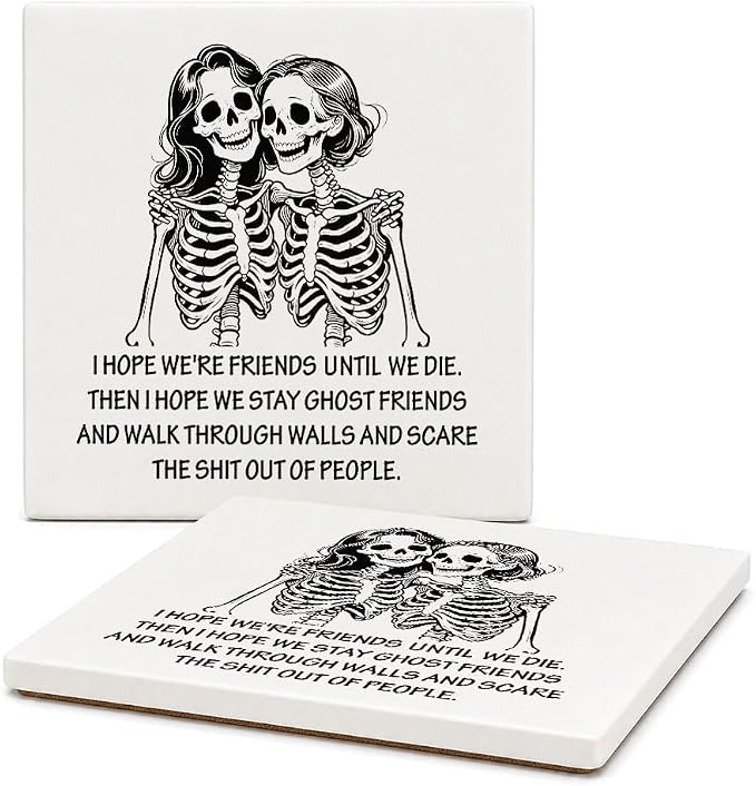 2 Pcs Funny Skeleton Friends Coasters Dark Gothic Ceramic Coasters - skull coaster