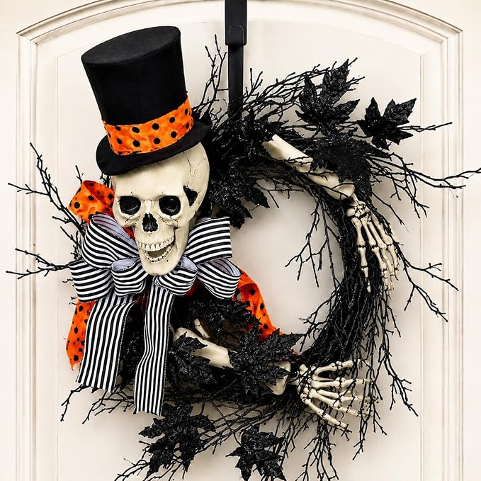 Suncalla 16 Inch Halloween Skull Wreath Black Glitter Door Decor