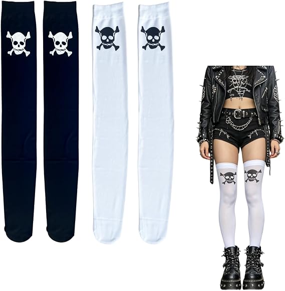 2 Pairs Funky Black&White Skull Crossbones Thigh High Socks Set, Gothic Pirate Over Knee Patterned Stockings, Emo Skeleton Print Socks for Halloween Cosplay & Costume Parties