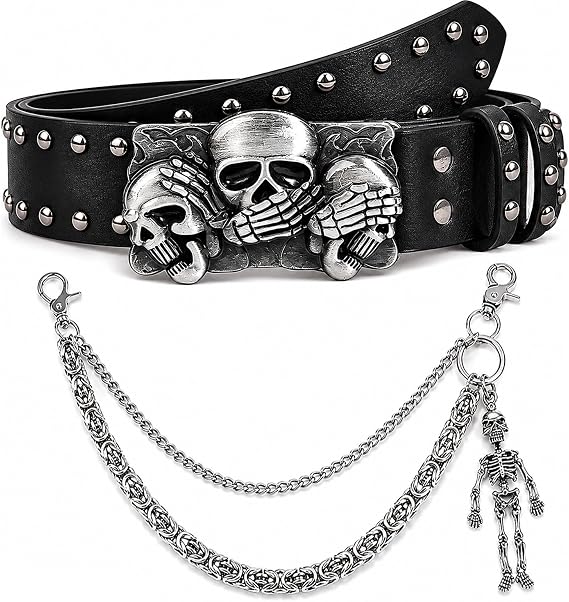 Thrist Gothic Studded Belt for Women Men Y2k Grommet Leather Belts Pants Chain Set Grunge Punk Jewelry Accessory for Jeans