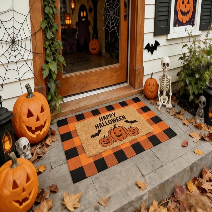 2 Pcs Halloween Coir Doormat for Front Door 27.5 x 43 Inches with Orange & Black Buffalo Plaid Rug, Layered Non Slip Welcome Mats for Halloween Porch Entryway & Indoor Outdoor Decor - skull carpet