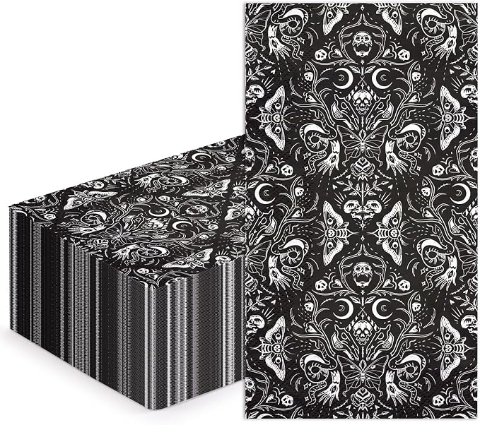 WRAPAHOLIC 50Pcs Gothic Halloween Paper Napkins - 3-Ply Black and White Skull Moth Gothic Guest Disposable Hand Towels for Bathroom, Halloween, Birthday, Holiday - 4.3 x 7.9 In - skull toilet paper