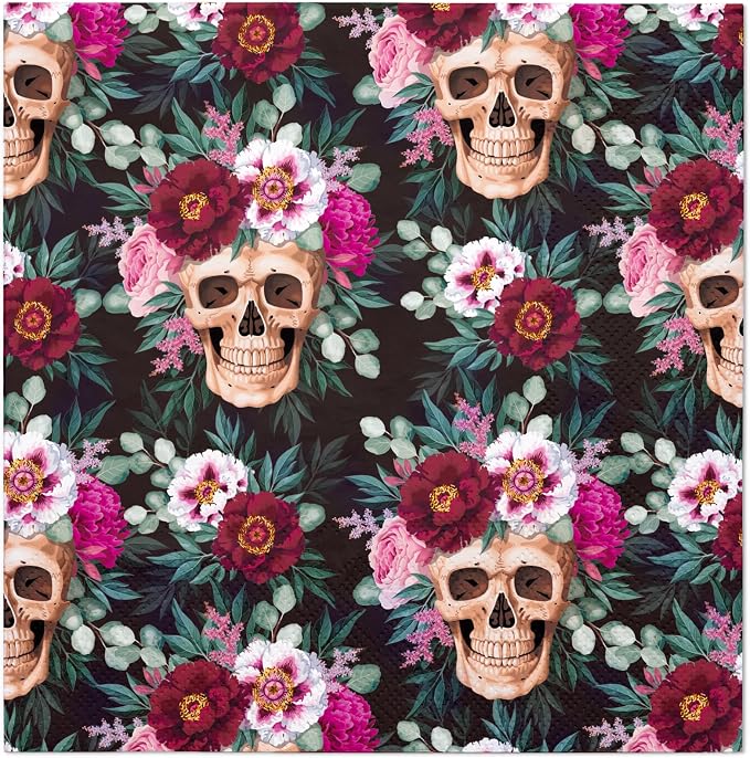 WRAPAHOLIC 50Pcs Skull Halloween Paper Napkins - 3-Ply Romantic Floral Wreath Skull Disposable Luncheon Napkins for Halloween, Birthday, Day of the Dead - 6.5 x 6.5 In - skull wreath
