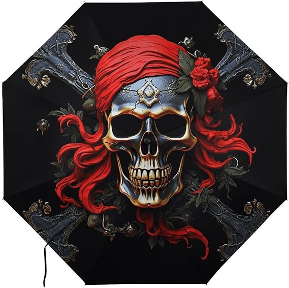 Pirate Skull Water Repellent Compact Umbrella，One-Click Automatic Open And Close Umbrellas，lightweight And Portable，Travel Umbrella Can Be Placed in A Briefcase, Backpack, Suitcase. - skull suitcase