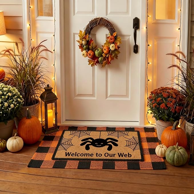 2 Pcs Halloween Coir Doormat for Porch 27.5 x 43 Inches with Orange & Black Buffalo Plaid Rug, Layered Non Slip Welcome Mats for Halloween Front Door Porch & Entryway Indoor Outdoor Decor