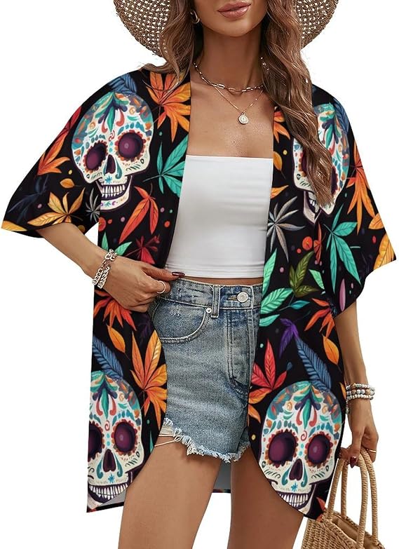 Colorful Skull Weed Plants Women's Open Front Cardigan Short Sleeves Jacket Lightweight Sweaters Tops - skull jacket