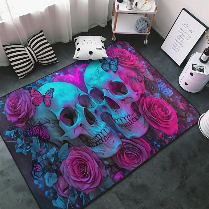 Skull Roses Butterflies Heart Glow Area Rug Washable Outdoor Rugs Anti-Slip Soft Extra Thick Carpet Entryway Indoor Door Mat for Hardwood Floors Entryway Patio Home Decor 5'x 4' - skull carpet