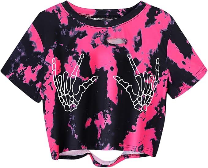 Avanova Women Skull Finger Graphic Distressed Tee Shirt Ripped Short Sleeve Crop Tops - skull tshirt