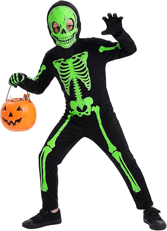 Skeleton Costume for Kids Boy Girl Halloween Costume White Bones Glow in The Dark Outfit Suit for Toddler 3-14 T - sugar skull costume
