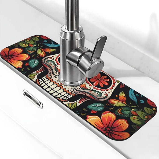 Colorful Sugar Skull Faucet Mat for Kitchen Sink, Anti-Slip Faucet Pad Splash Catcher, Diatomite Fast Drying Stone Faucet Handle Drip Catcher Tray Mat for Bathroom Sink Draining Pad - skull toilet mat