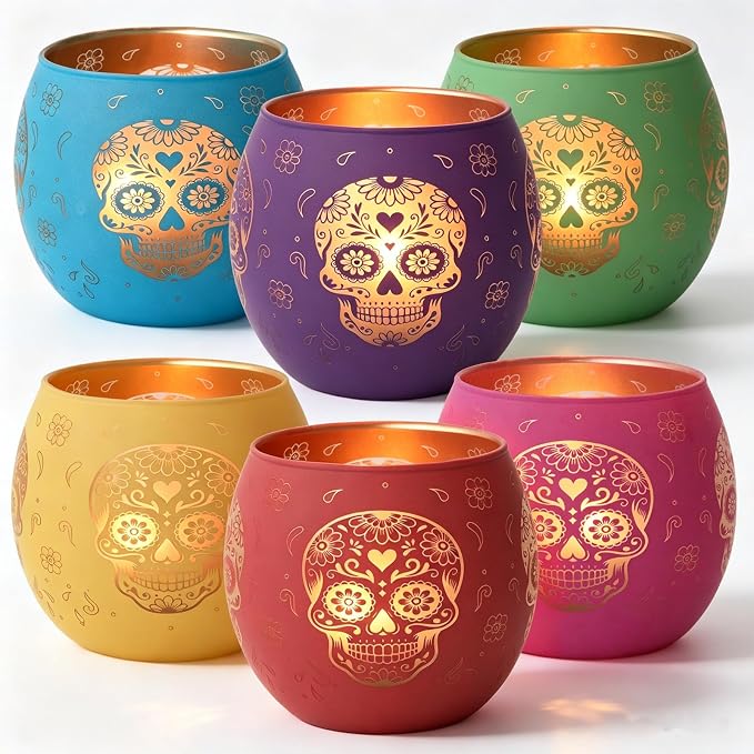 Day of Dead Skull Glass Votive Candle Holders for Indoor Halloween Decor - skull candle