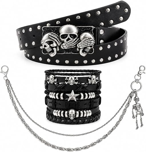 Y2K Grunge Gothic Alt Accessories Set for Women Men, Spiked Pant Chain Punk Cross Necklaces Ring Studded Bracelets - skull wallet