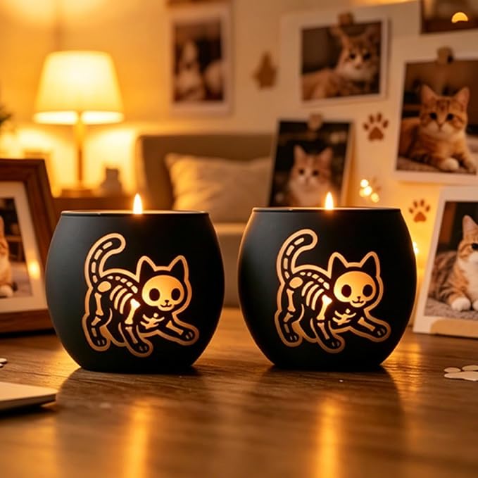 Day of the Dead Black Glass Tealight Holders Set of 2 Cat Candle Holder - skull candle