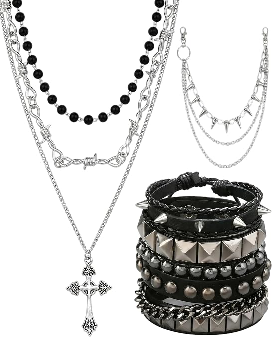 Y2K Grunge Gothic Alt Accessories Set for Women Men, Spiked Pant Chain Punk Cross Necklaces Ring Studded Bracelets - skull jacket