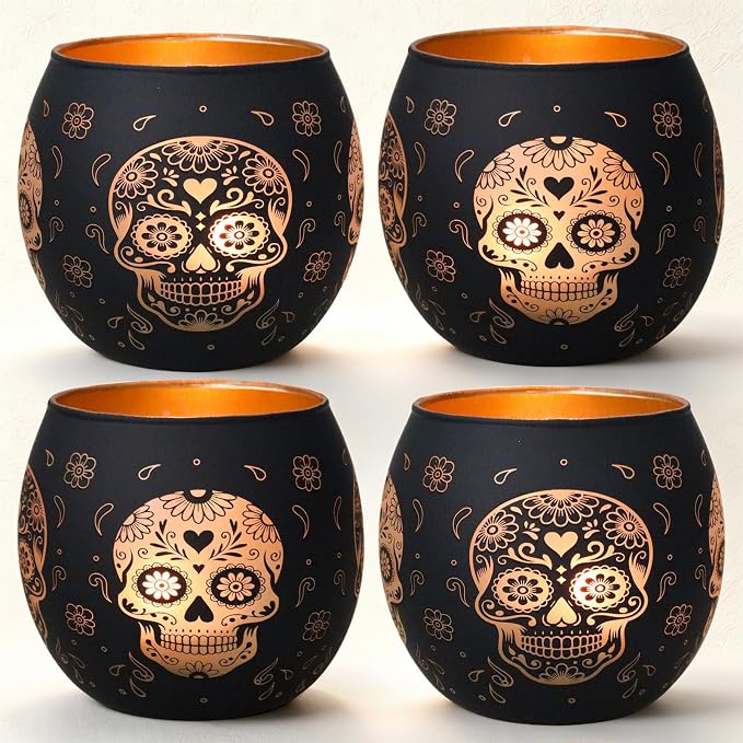 Day of Dead Skull Glass Votive Holders Black Matte Halloween Centerpiece - skull candle