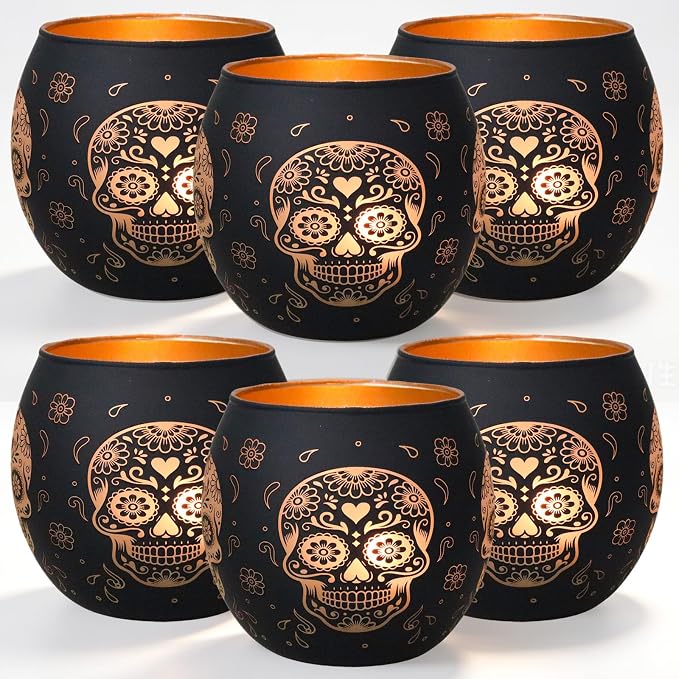 Day of Dead Skull Glass Votive Set, 6-Pack Black Halloween Candle Holder - skull candle