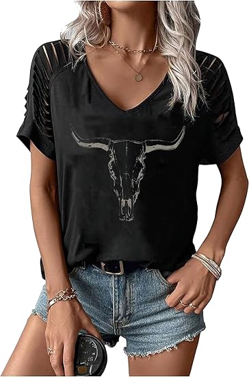 Women's Graphic T-Shirts V Neck Short Sleeve Casual Tops Cute Summer Flowers T Shirt Boho Vintage Tee - skull tshirt
