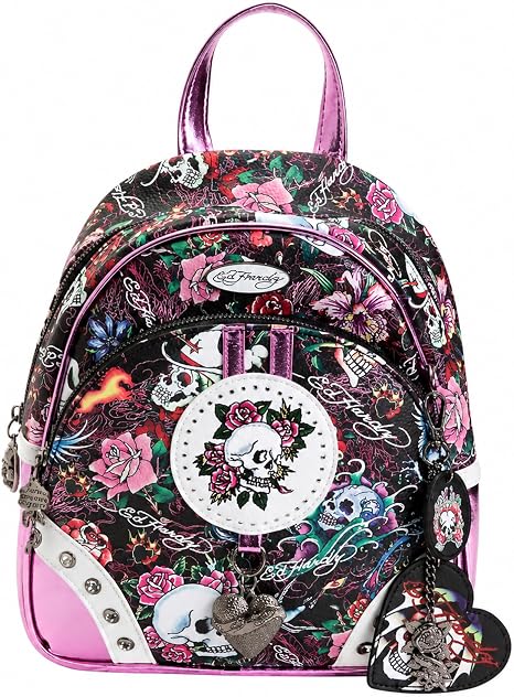 ED HARDY Metallic Pink/Black Skull Crystal Studded Backpack - skull backpack
