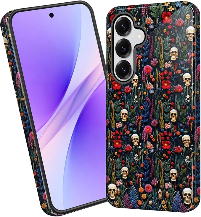 for Samsung Galaxy A57 5G Case for Women, Shockproof Dual Layer Protective Cover, Hard PC + Soft TPU Bumper with Raised Camera & Screen Protection,Skulls and Flowers - Skull phone case