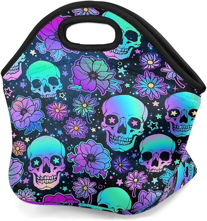 Pardick Neoprene Small Lunch Bags for Women Men Purple Skull Flowers Insulated Mini Neoprene Lunch Box for Lightweight Soft Tote Handbag for Work Office Mini Cooler Thermal Meal Prep Bags - sugar skull handbags for sale