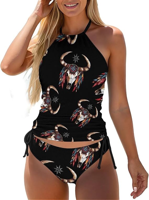 Cow Skull Womens Bikini Set Halter Two Piece Swimsuits Bathing Suit - skull swimsuit