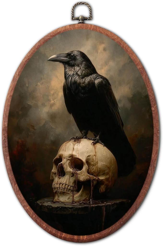 Rustic Moody Raven Skull Oval Wall Art, Vintage Academia Canvas Frame Decor