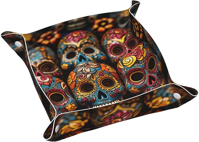 PU Leather Jewelry Valet Tray for Men Women, Elegant Desktop Storage Organizer, Portable Travel Storage Dish Plate Colorful Sugar Skulls Nightstand Storage Box for Key Phone Wallet Medium - skull plate